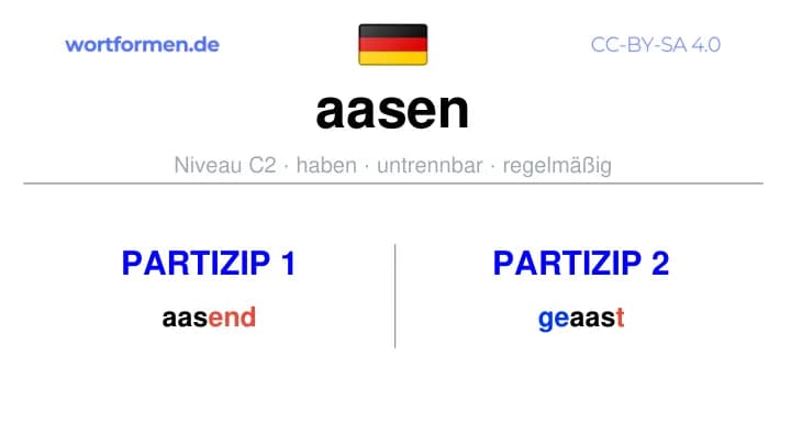 Partizip 1 des Verbs aasen, Partizip 1 aasen, Bildung Partizip I von aasen, Partizip 2 des Verbs aasen, Partizip 2 aasen, Bildung Partizip II von aasen