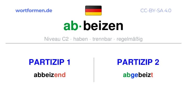 Partizip 1 des Verbs abbeizen, Partizip 1 abbeizen, Bildung Partizip I von abbeizen, Partizip 2 des Verbs abbeizen, Partizip 2 abbeizen, Bildung Partizip II von abbeizen