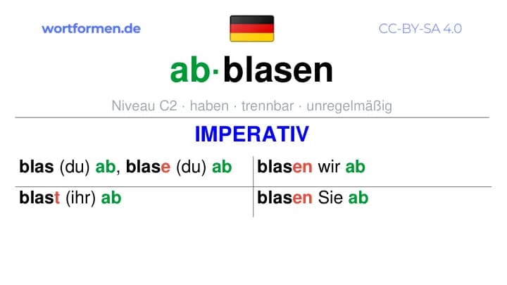 Imperativ des Verbs abblasen, Imperativbildung abblasen, Bildung Imperativ von abblasen, Imperativformen von abblasen, Befehlsformen abblasen