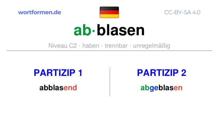 Partizip 1 des Verbs abblasen, Partizip 1 abblasen, Bildung Partizip I von abblasen, Partizip 2 des Verbs abblasen, Partizip 2 abblasen, Bildung Partizip II von abblasen