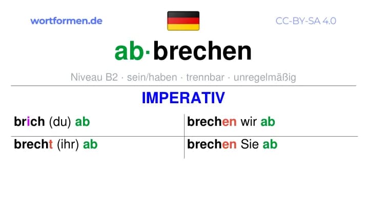 Imperativ des Verbs abbrechen, Imperativbildung abbrechen, Bildung Imperativ von abbrechen, Imperativformen von abbrechen, Befehlsformen abbrechen