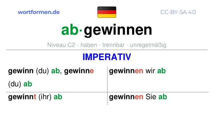 Imperativ des Verbs abgewinnen, Imperativbildung abgewinnen, Bildung Imperativ von abgewinnen, Imperativformen von abgewinnen, Befehlsformen abgewinnen