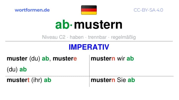 Imperativ des Verbs abmustern, Imperativbildung abmustern, Bildung Imperativ von abmustern, Imperativformen von abmustern, Befehlsformen abmustern