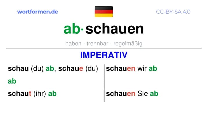 Imperativ des Verbs abschauen, Imperativbildung abschauen, Bildung Imperativ von abschauen, Imperativformen von abschauen, Befehlsformen abschauen
