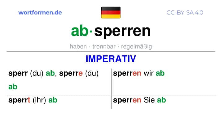 Imperativ des Verbs absperren, Imperativbildung absperren, Bildung Imperativ von absperren, Imperativformen von absperren, Befehlsformen absperren
