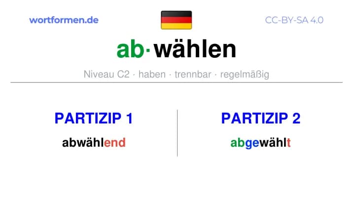Partizip 1 des Verbs abwählen, Partizip 1 abwählen, Bildung Partizip I von abwählen, Partizip 2 des Verbs abwählen, Partizip 2 abwählen, Bildung Partizip II von abwählen