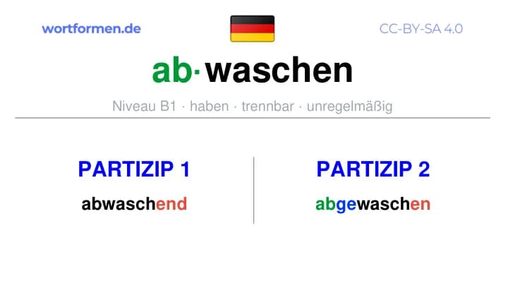 Partizip 1 des Verbs abwaschen, Partizip 1 abwaschen, Bildung Partizip I von abwaschen, Partizip 2 des Verbs abwaschen, Partizip 2 abwaschen, Bildung Partizip II von abwaschen