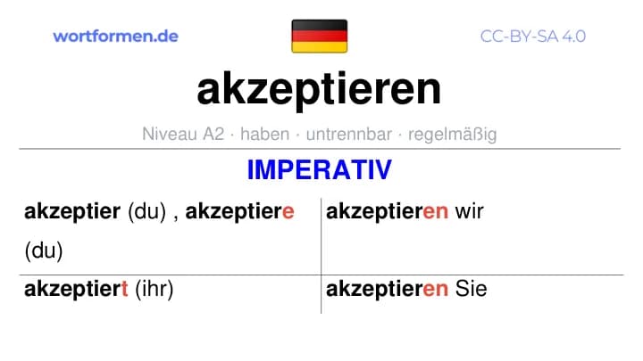 Imperativ des Verbs akzeptieren, Imperativbildung akzeptieren, Bildung Imperativ von akzeptieren, Imperativformen von akzeptieren, Befehlsformen akzeptieren