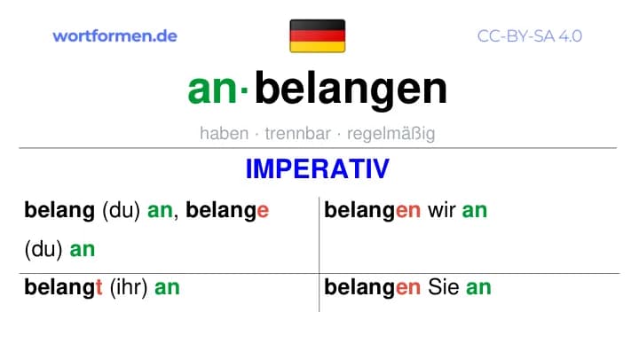 Imperativ des Verbs anbelangen, Imperativbildung anbelangen, Bildung Imperativ von anbelangen, Imperativformen von anbelangen, Befehlsformen anbelangen
