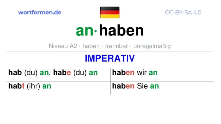 Imperativ des Verbs anhaben, Imperativbildung anhaben, Bildung Imperativ von anhaben, Imperativformen von anhaben, Befehlsformen anhaben