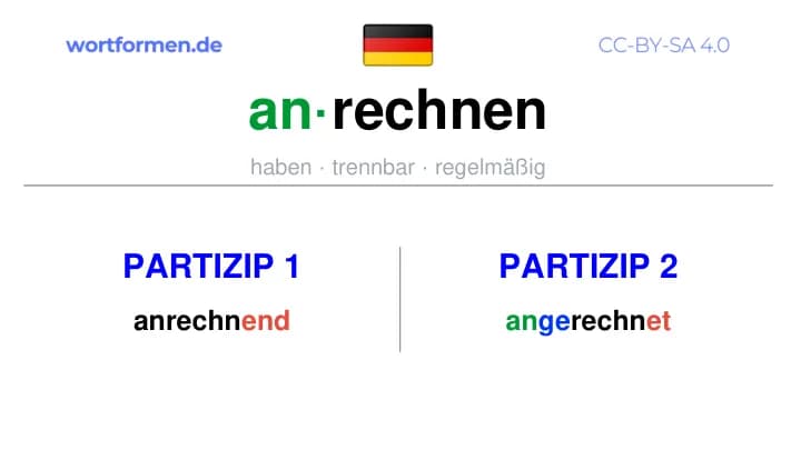 Partizip 1 des Verbs anrechnen, Partizip 1 anrechnen, Bildung Partizip I von anrechnen, Partizip 2 des Verbs anrechnen, Partizip 2 anrechnen, Bildung Partizip II von anrechnen