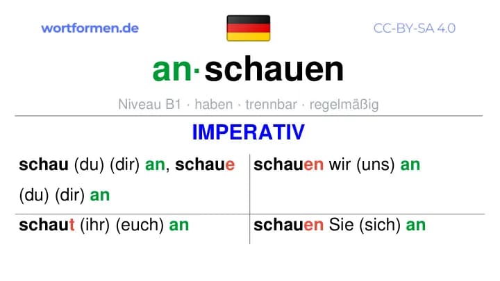 Imperativ des Verbs anschauen, Imperativbildung anschauen, Bildung Imperativ von anschauen, Imperativformen von anschauen, Befehlsformen anschauen