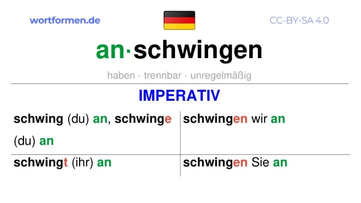 Imperativ des Verbs anschwingen, Imperativbildung anschwingen, Bildung Imperativ von anschwingen, Imperativformen von anschwingen, Befehlsformen anschwingen