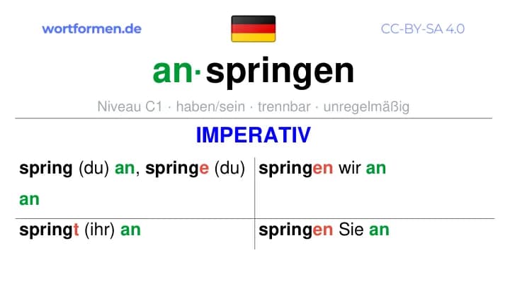 Imperativ des Verbs anspringen, Imperativbildung anspringen, Bildung Imperativ von anspringen, Imperativformen von anspringen, Befehlsformen anspringen