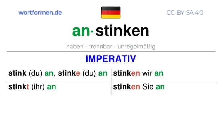 Imperativ des Verbs anstinken, Imperativbildung anstinken, Bildung Imperativ von anstinken, Imperativformen von anstinken, Befehlsformen anstinken