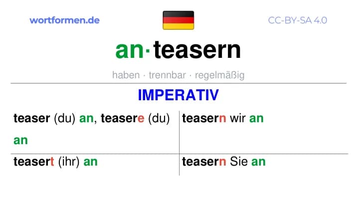 Imperativ des Verbs anteasern, Imperativbildung anteasern, Bildung Imperativ von anteasern, Imperativformen von anteasern, Befehlsformen anteasern