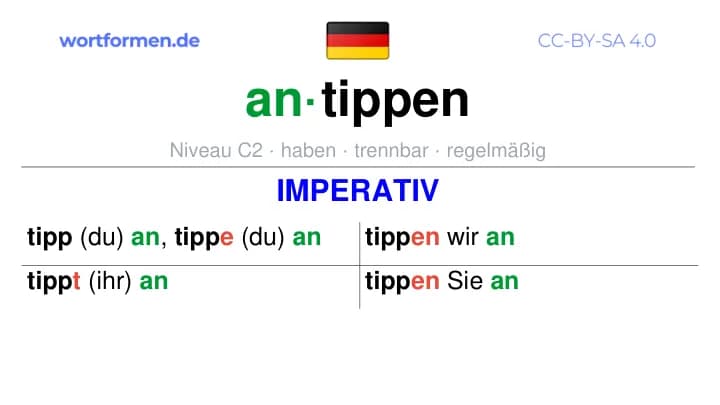 Imperativ des Verbs antippen, Imperativbildung antippen, Bildung Imperativ von antippen, Imperativformen von antippen, Befehlsformen antippen