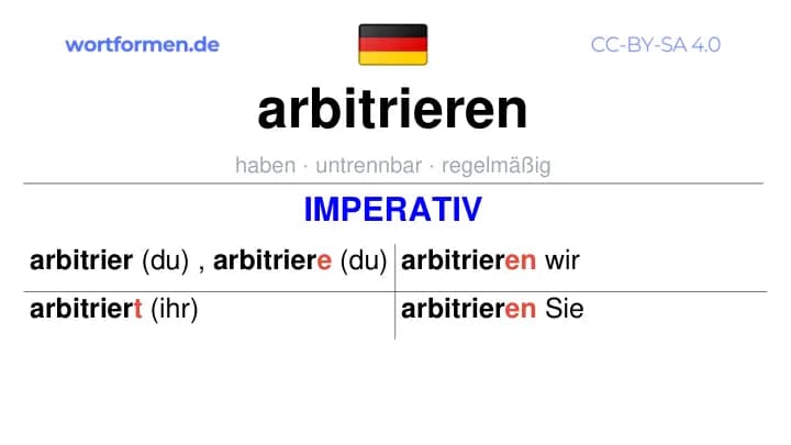 Imperativ des Verbs arbitrieren, Imperativbildung arbitrieren, Bildung Imperativ von arbitrieren, Imperativformen von arbitrieren, Befehlsformen arbitrieren