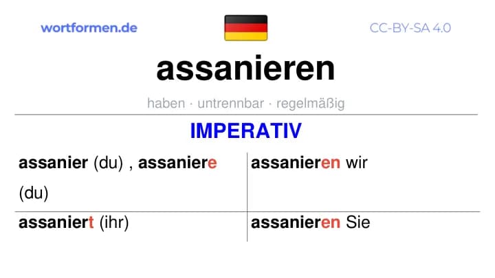 Imperativ des Verbs assanieren, Imperativbildung assanieren, Bildung Imperativ von assanieren, Imperativformen von assanieren, Befehlsformen assanieren
