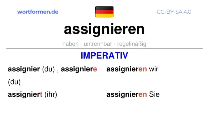 Imperativ des Verbs assignieren, Imperativbildung assignieren, Bildung Imperativ von assignieren, Imperativformen von assignieren, Befehlsformen assignieren