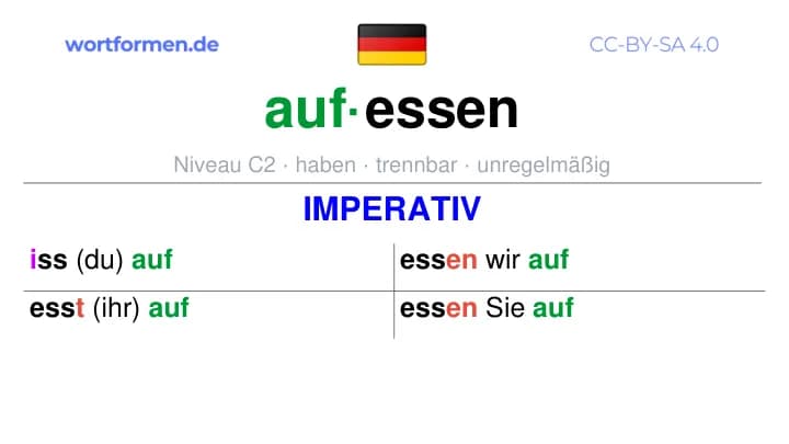 Imperativ des Verbs aufessen, Imperativbildung aufessen, Bildung Imperativ von aufessen, Imperativformen von aufessen, Befehlsformen aufessen