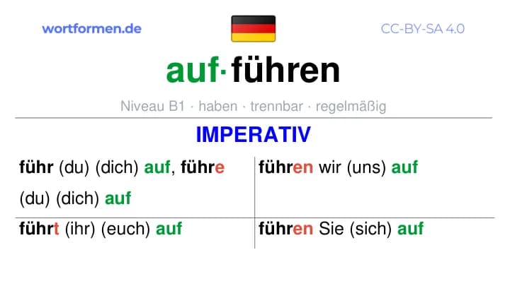 Imperativ des Verbs aufführen, Imperativbildung aufführen, Bildung Imperativ von aufführen, Imperativformen von aufführen, Befehlsformen aufführen