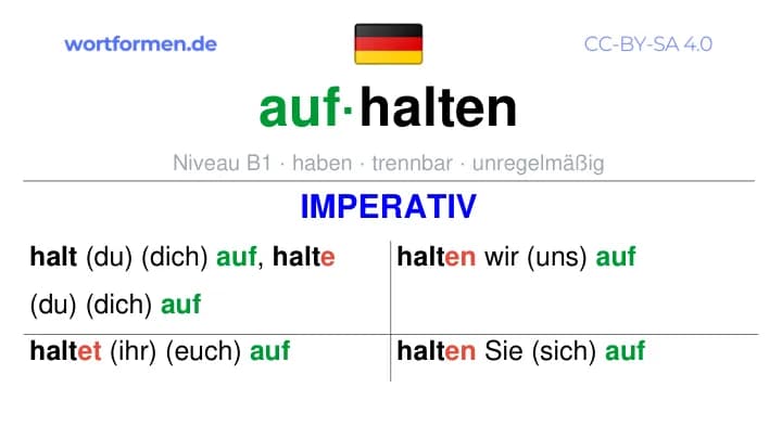 Imperativ des Verbs aufhalten, Imperativbildung aufhalten, Bildung Imperativ von aufhalten, Imperativformen von aufhalten, Befehlsformen aufhalten