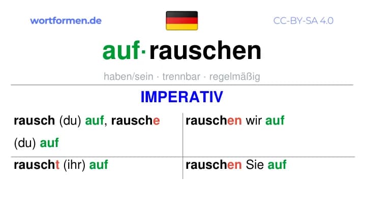 Imperativ des Verbs aufrauschen, Imperativbildung aufrauschen, Bildung Imperativ von aufrauschen, Imperativformen von aufrauschen, Befehlsformen aufrauschen