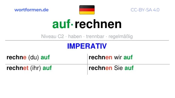 Imperativ des Verbs aufrechnen, Imperativbildung aufrechnen, Bildung Imperativ von aufrechnen, Imperativformen von aufrechnen, Befehlsformen aufrechnen