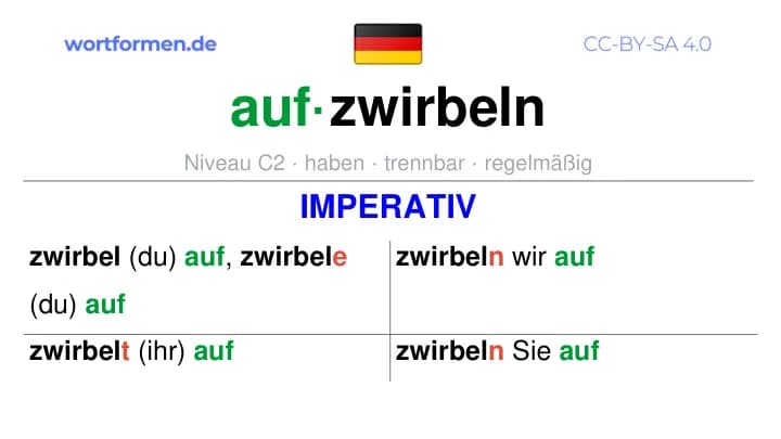 Imperativ des Verbs aufzwirbeln, Imperativbildung aufzwirbeln, Bildung Imperativ von aufzwirbeln, Imperativformen von aufzwirbeln, Befehlsformen aufzwirbeln