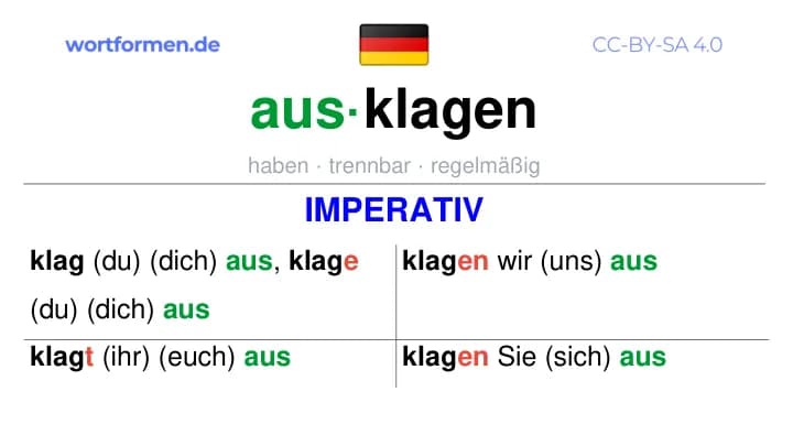 Imperativ des Verbs ausklagen, Imperativbildung ausklagen, Bildung Imperativ von ausklagen, Imperativformen von ausklagen, Befehlsformen ausklagen