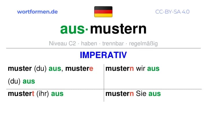 Imperativ des Verbs ausmustern, Imperativbildung ausmustern, Bildung Imperativ von ausmustern, Imperativformen von ausmustern, Befehlsformen ausmustern