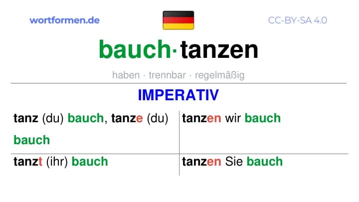 Imperativ des Verbs bauchtanzen, Imperativbildung bauchtanzen, Bildung Imperativ von bauchtanzen, Imperativformen von bauchtanzen, Befehlsformen bauchtanzen