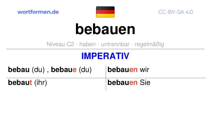 Imperativ des Verbs bebauen, Imperativbildung bebauen, Bildung Imperativ von bebauen, Imperativformen von bebauen, Befehlsformen bebauen
