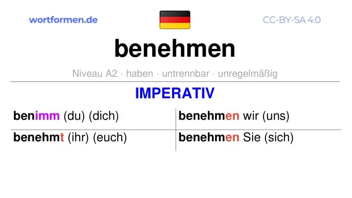 Imperativ des Verbs benehmen, Imperativbildung benehmen, Bildung Imperativ von benehmen, Imperativformen von benehmen, Befehlsformen benehmen