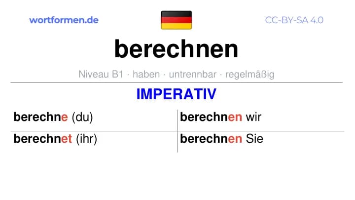 Imperativ des Verbs berechnen, Imperativbildung berechnen, Bildung Imperativ von berechnen, Imperativformen von berechnen, Befehlsformen berechnen