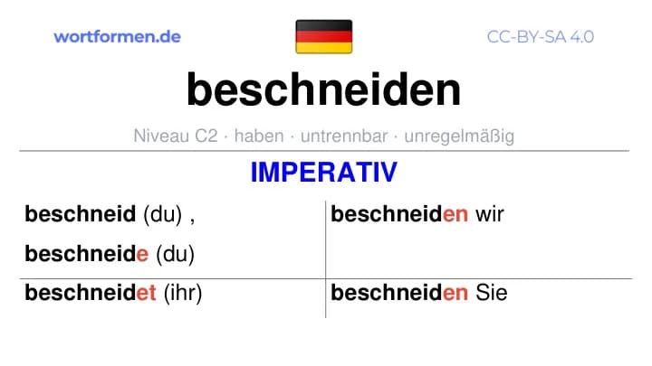 Imperativ des Verbs beschneiden, Imperativbildung beschneiden, Bildung Imperativ von beschneiden, Imperativformen von beschneiden, Befehlsformen beschneiden