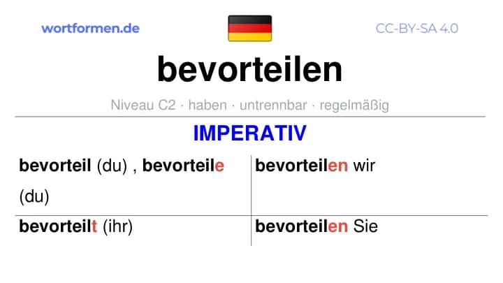 Imperativ des Verbs bevorteilen, Imperativbildung bevorteilen, Bildung Imperativ von bevorteilen, Imperativformen von bevorteilen, Befehlsformen bevorteilen