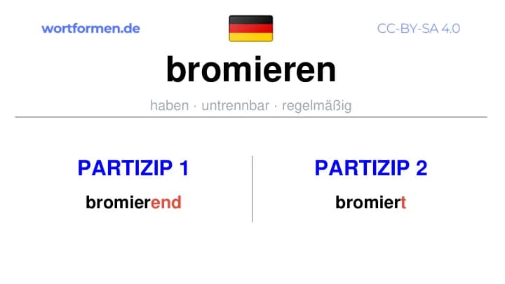 Partizip 1 des Verbs bromieren, Partizip 1 bromieren, Bildung Partizip I von bromieren, Partizip 2 des Verbs bromieren, Partizip 2 bromieren, Bildung Partizip II von bromieren