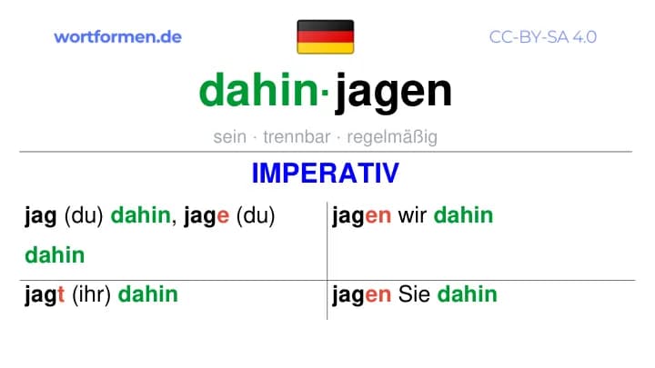 Imperativ des Verbs dahinjagen, Imperativbildung dahinjagen, Bildung Imperativ von dahinjagen, Imperativformen von dahinjagen, Befehlsformen dahinjagen