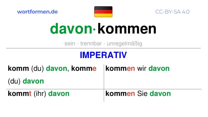 Imperativ des Verbs davonkommen, Imperativbildung davonkommen, Bildung Imperativ von davonkommen, Imperativformen von davonkommen, Befehlsformen davonkommen