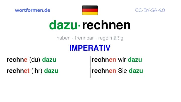Imperativ des Verbs dazurechnen, Imperativbildung dazurechnen, Bildung Imperativ von dazurechnen, Imperativformen von dazurechnen, Befehlsformen dazurechnen