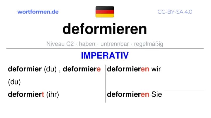 Imperativ des Verbs deformieren, Imperativbildung deformieren, Bildung Imperativ von deformieren, Imperativformen von deformieren, Befehlsformen deformieren