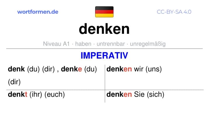 Imperativ des Verbs denken, Imperativbildung denken, Bildung Imperativ von denken, Imperativformen von denken, Befehlsformen denken