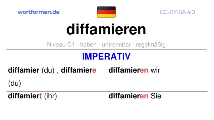 Imperativ des Verbs diffamieren, Imperativbildung diffamieren, Bildung Imperativ von diffamieren, Imperativformen von diffamieren, Befehlsformen diffamieren