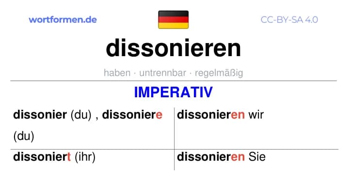 Imperativ des Verbs dissonieren, Imperativbildung dissonieren, Bildung Imperativ von dissonieren, Imperativformen von dissonieren, Befehlsformen dissonieren