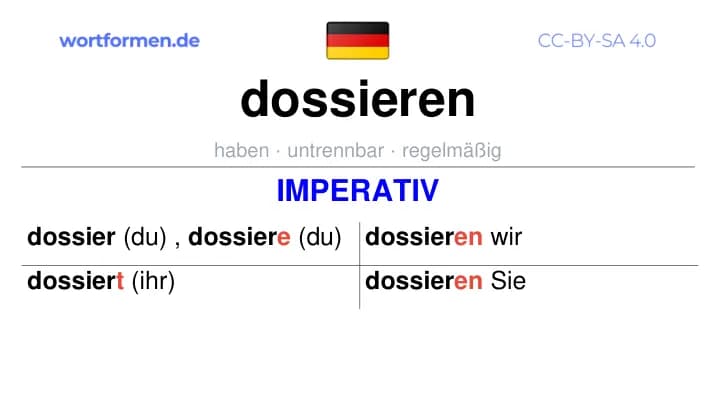 Imperativ des Verbs dossieren, Imperativbildung dossieren, Bildung Imperativ von dossieren, Imperativformen von dossieren, Befehlsformen dossieren