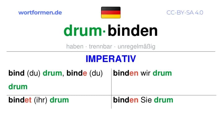 Imperativ des Verbs drumbinden, Imperativbildung drumbinden, Bildung Imperativ von drumbinden, Imperativformen von drumbinden, Befehlsformen drumbinden