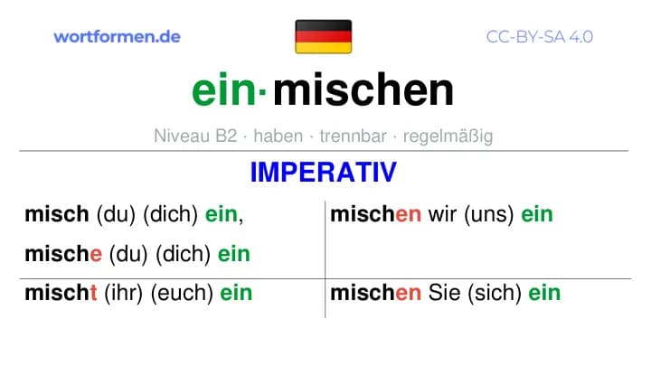 Imperativ des Verbs einmischen, Imperativbildung einmischen, Bildung Imperativ von einmischen, Imperativformen von einmischen, Befehlsformen einmischen