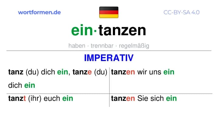 Imperativ des Verbs eintanzen, Imperativbildung eintanzen, Bildung Imperativ von eintanzen, Imperativformen von eintanzen, Befehlsformen eintanzen